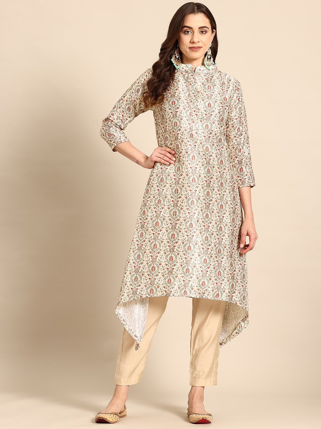 

Sayisha Women Ethnic Motifs Printed Regular Thread Work Pure Cotton Kurta with Trousers, Cream