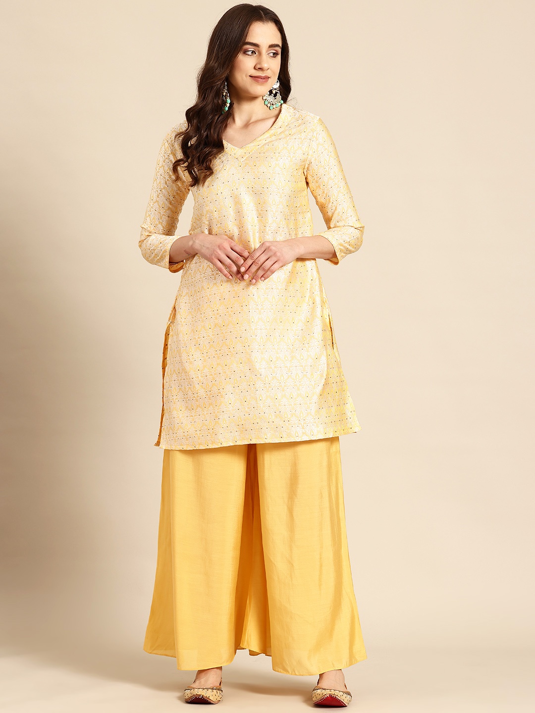 

Sayisha Women Ethnic Motifs Woven Design Regular Pure Silk Kurta with Palazzos, Yellow