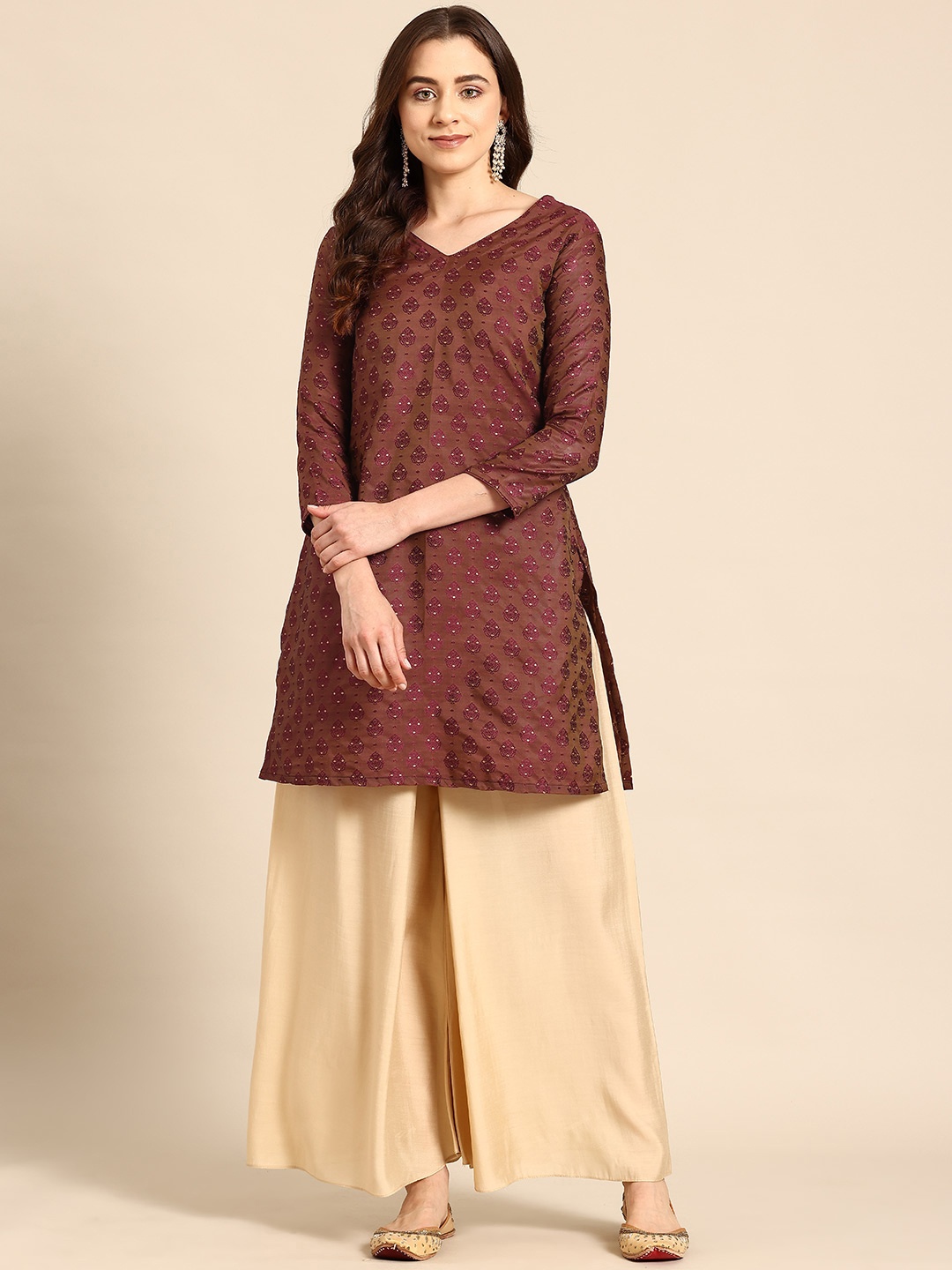 

Sayisha Ethnic Motifs Embroidered Regular Pure Silk Kurti with Palazzos, Brown