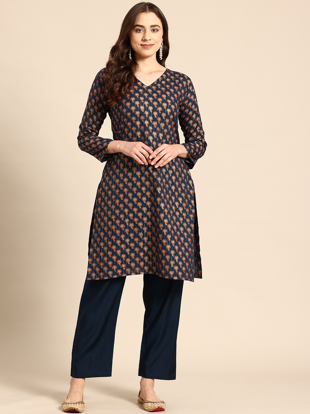 

Sayisha Ethnic Motifs Printed Regular Pure Cotton Kurta with Trousers, Navy blue