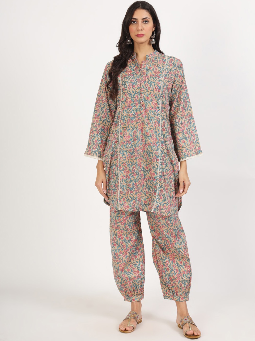 KALINI Floral Printed Straight Pure Cotton Kurta with Harem Pants, Beige