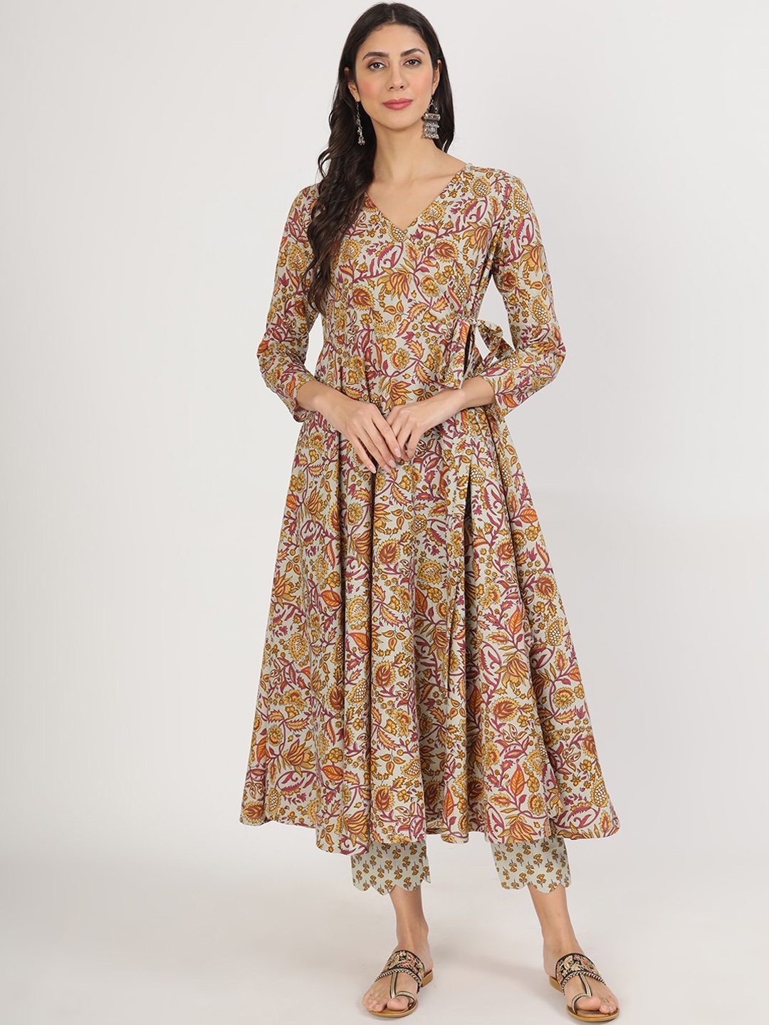 KALINI Floral Printed Angrakha Pure Cotton Kurta with Trousers, Green