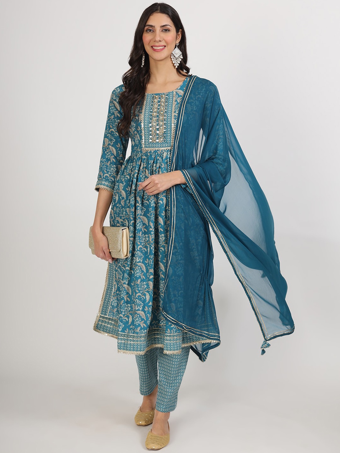 

KALINI Floral Printed Beads and Stones Pure Cotton Kurta & Trousers With Dupatta, Turquoise blue
