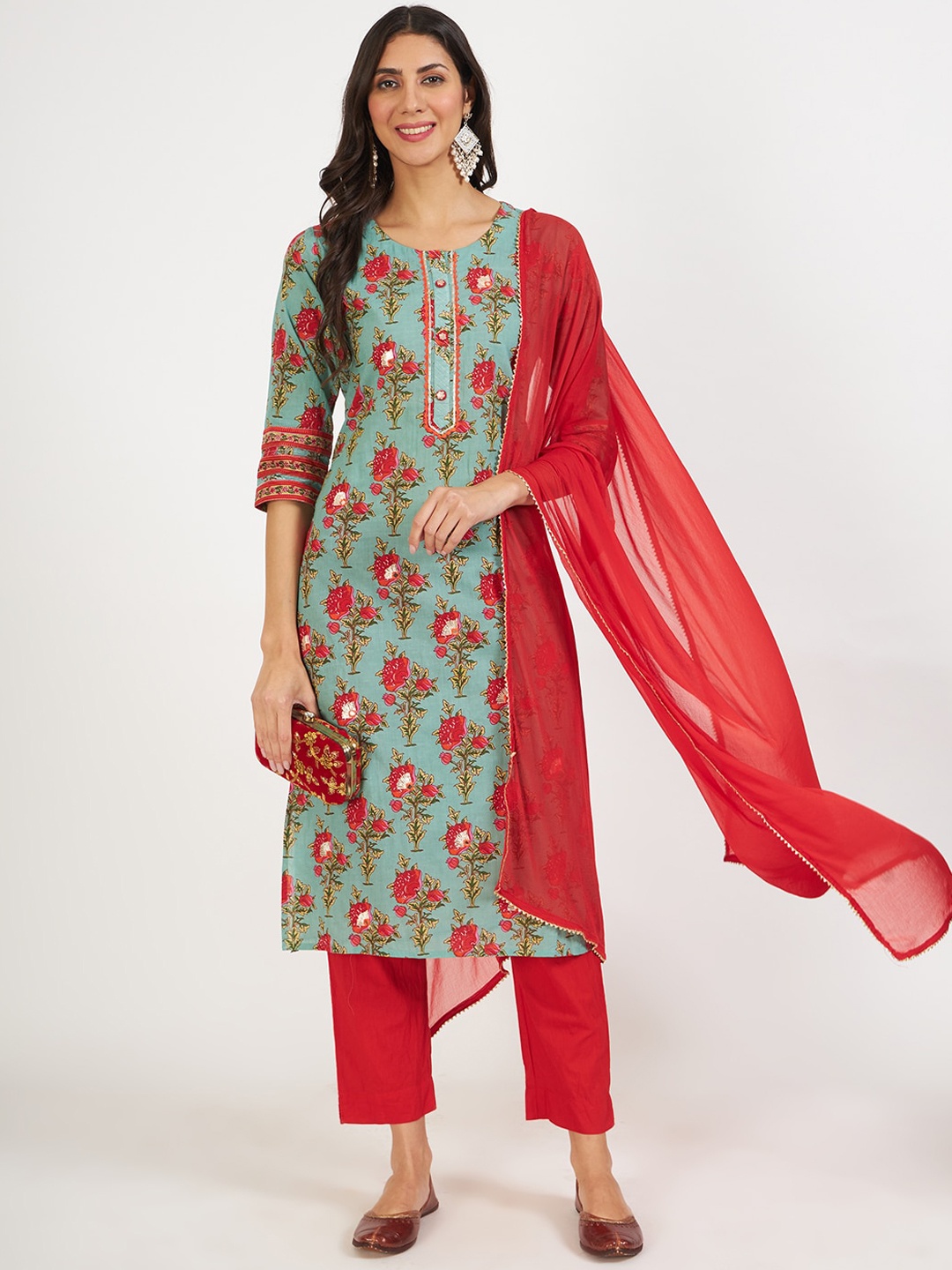 

KALINI Floral Printed Gotta Patti Pure Cotton Kurta & Trousers With Dupatta, Green