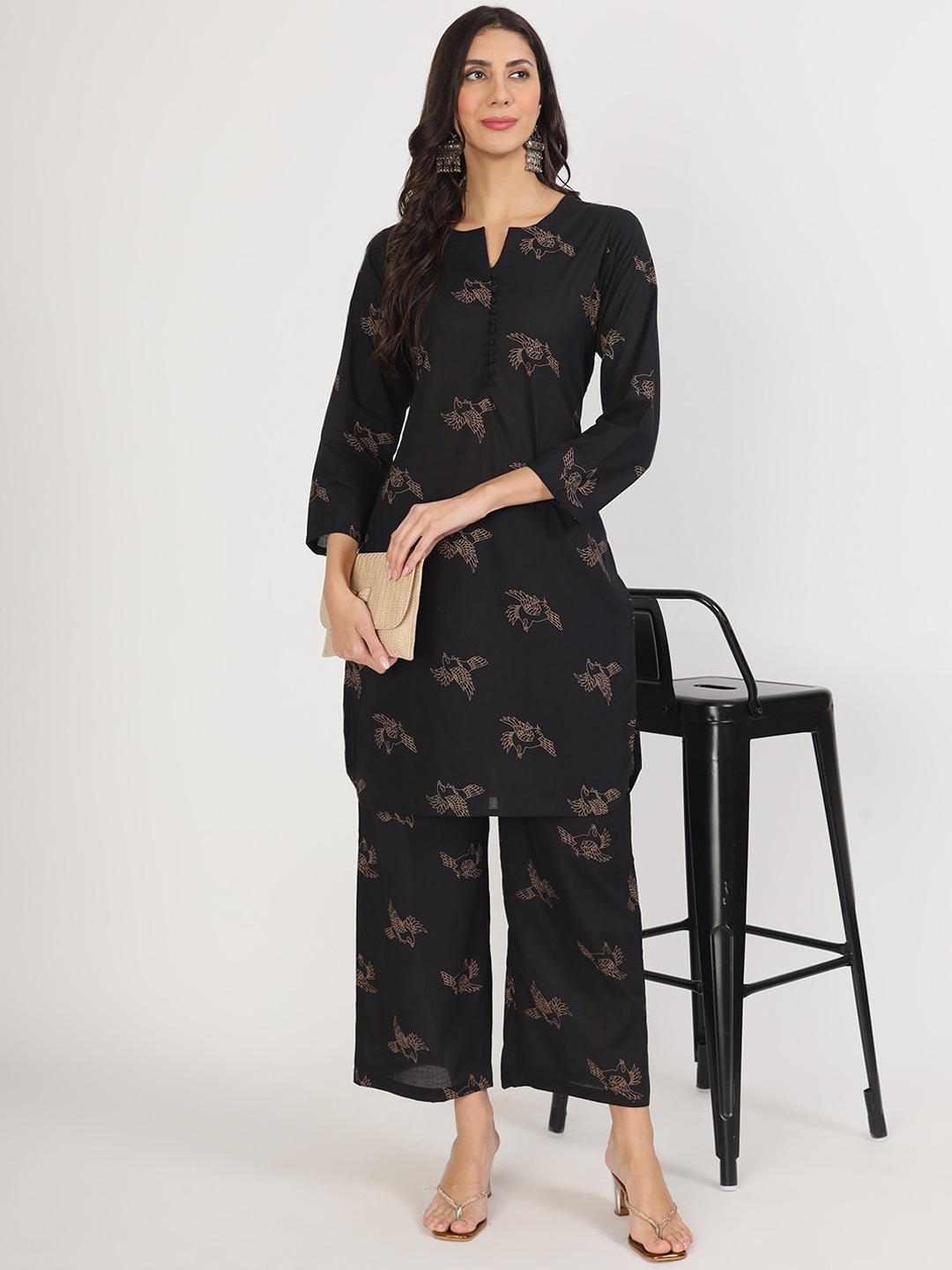 

KALINI Ethnic Motifs Printed Pure Cotton Kurta with Palazzos, Black
