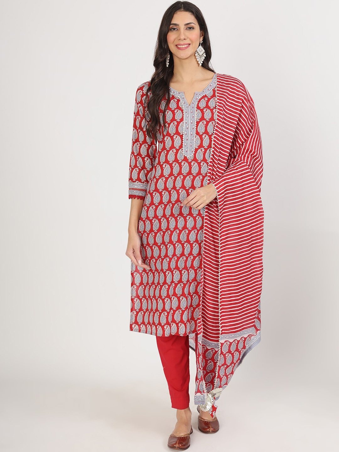 

KALINI Paisley Printed Pure Cotton Kurta with Trousers & With Dupatta, Red