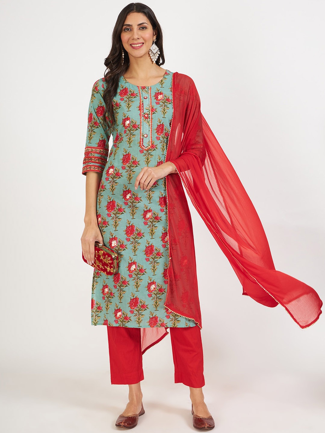

KALINI Floral Printed Pure Cotton Kurta With Trousers & Dupatta, Green