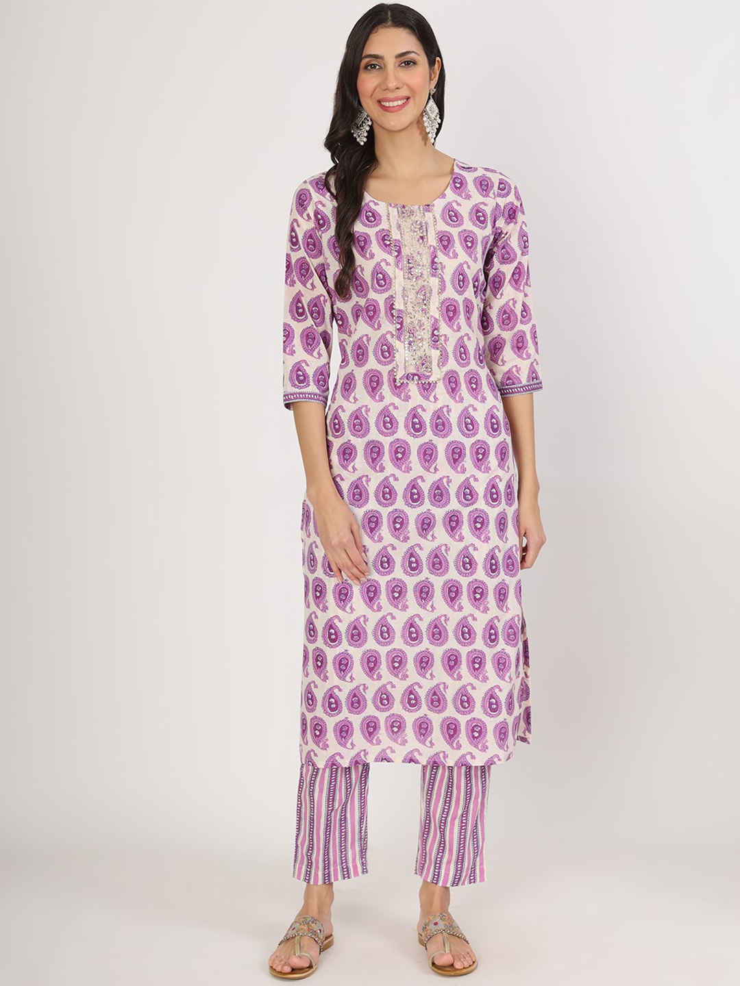 

KALINI Floral Printed Pure Cotton Kurta With Trousers & Dupatta, Purple