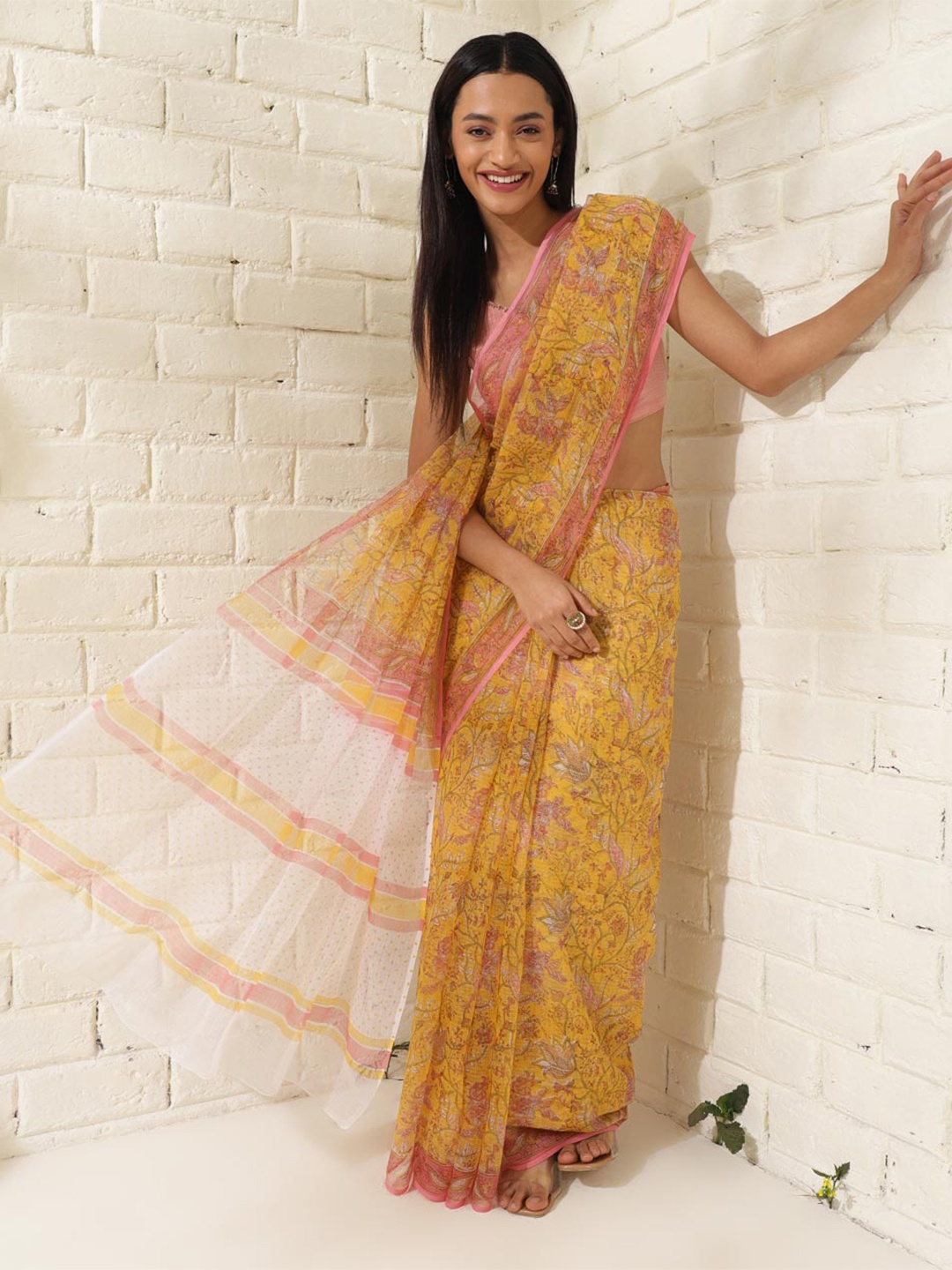 

Fabindia Floral Printed Silk Cotton Block Print Saree, Mustard