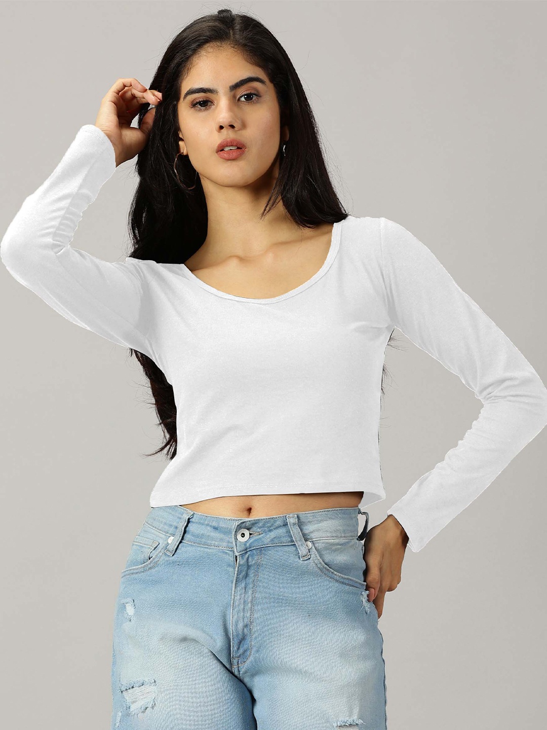 

AUSK Scoop Neck Long Sleeves Regular Crop Top, White