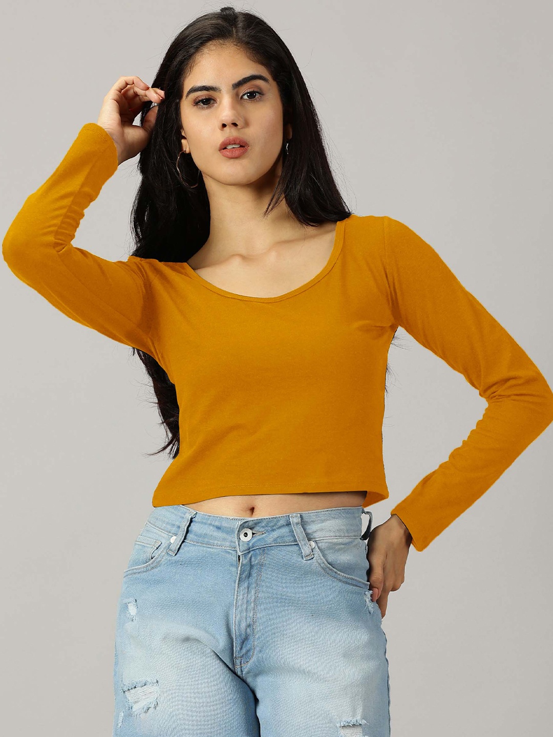 

AUSK Scoop Neck Long Sleeves Regular Crop Top, Mustard