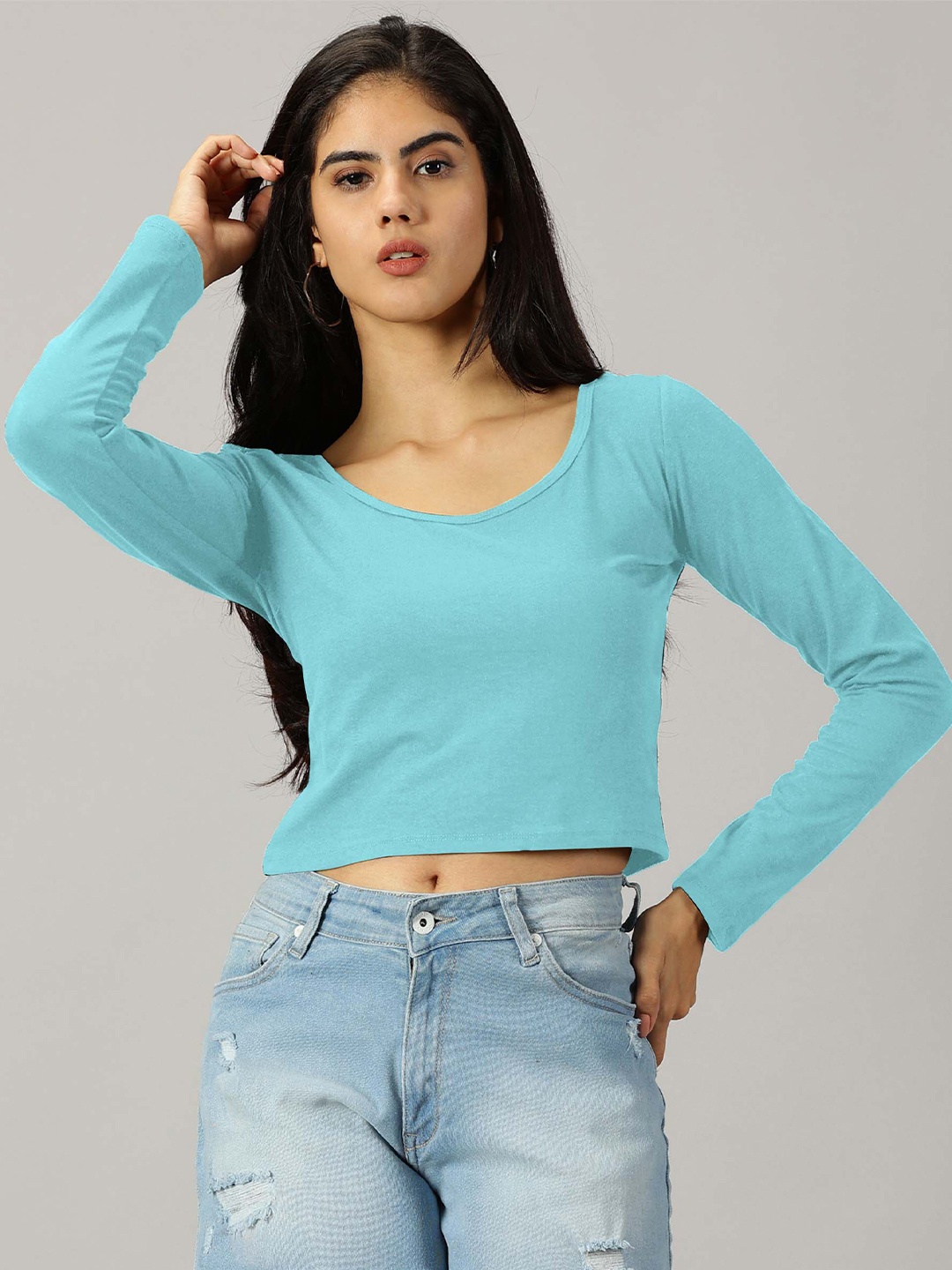 

AUSK Scoop Neck Long Sleeves Regular Crop Top, Navy blue