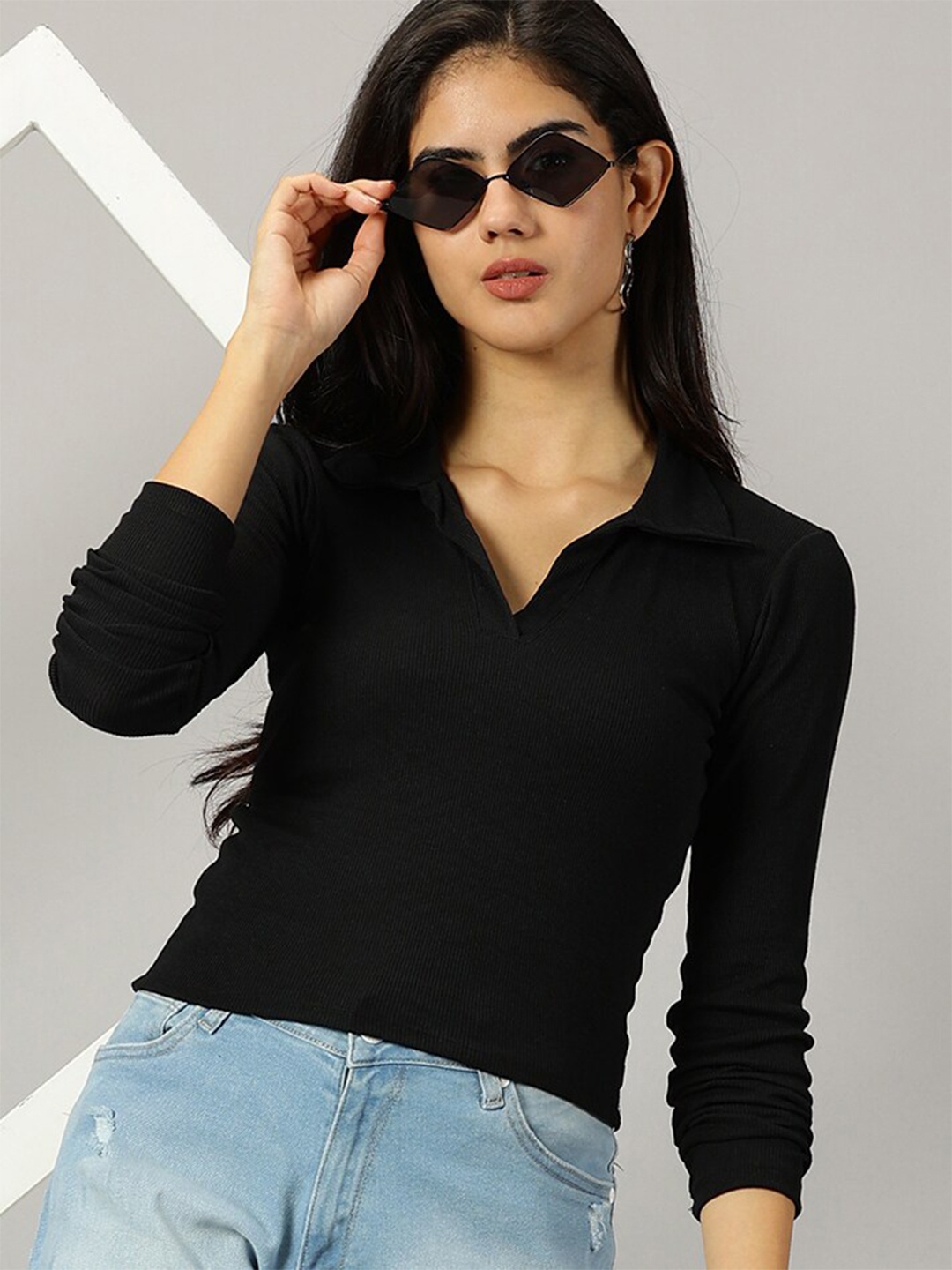 

AUSK Shirt Collar Long Sleeves Regular Top, Black