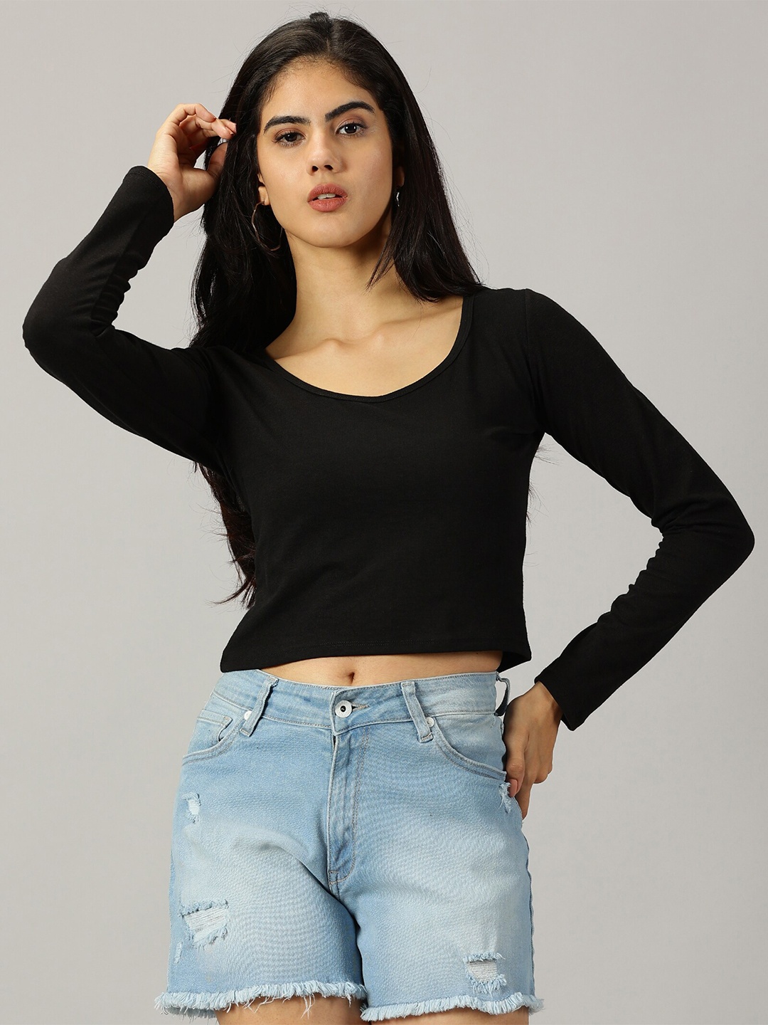 

AUSK Scoop Neck Cotton Fitted Crop Top, Black