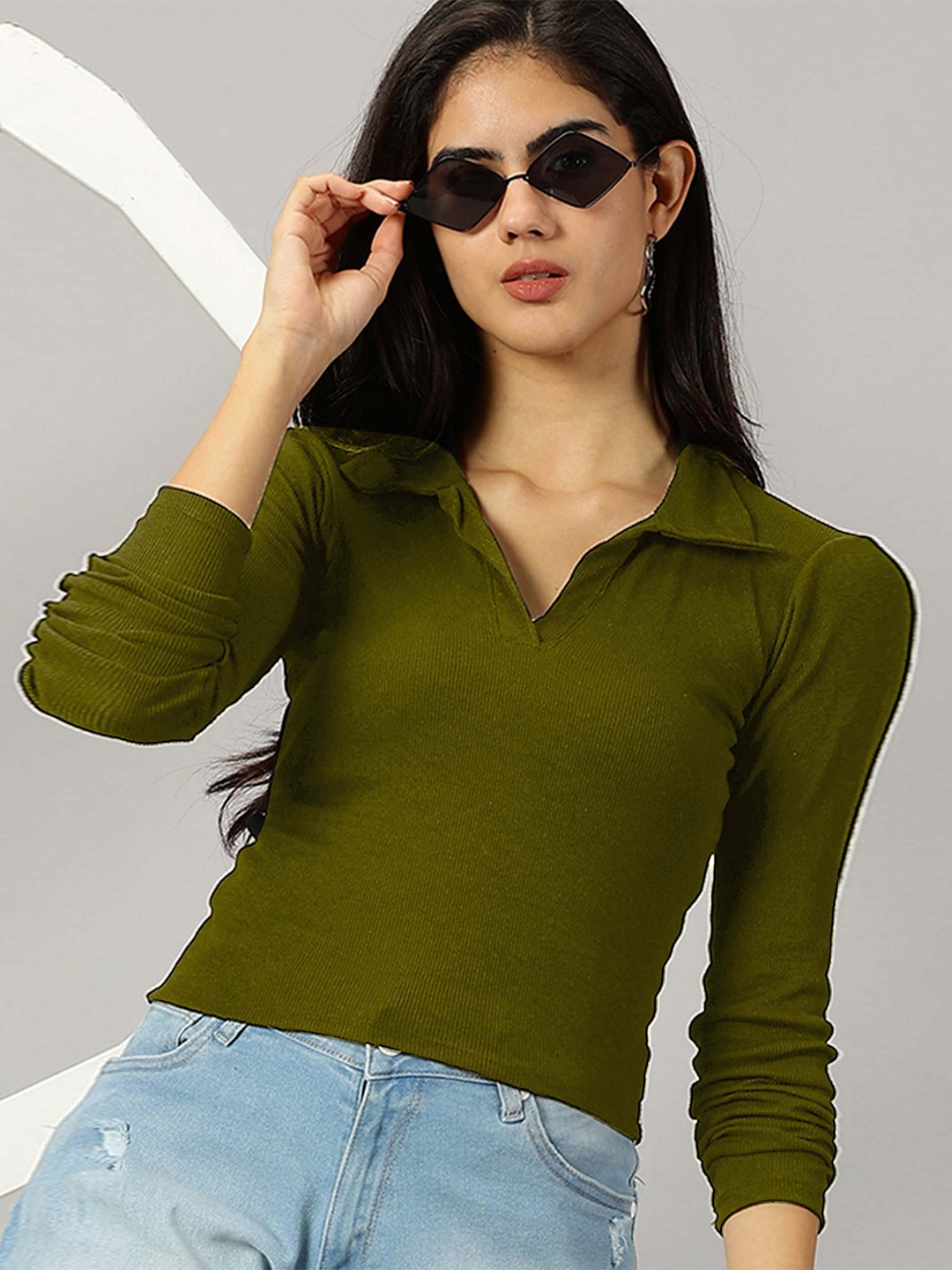 

AUSK Polo Collar Cotton Fitted Crop Top, Olive