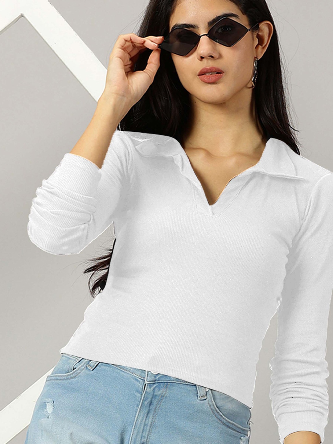 

AUSK Polo Collar Cotton Fitted Crop Top, White