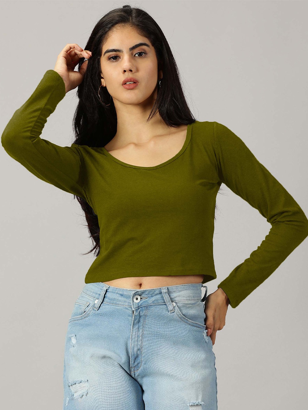 

AUSK Scoop Neck Cotton Fitted Crop Top, Olive