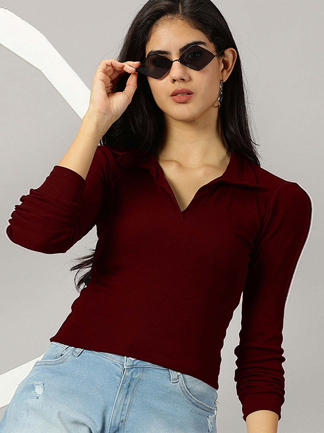 

AUSK Polo Collar Cotton Fitted Crop Top, Maroon