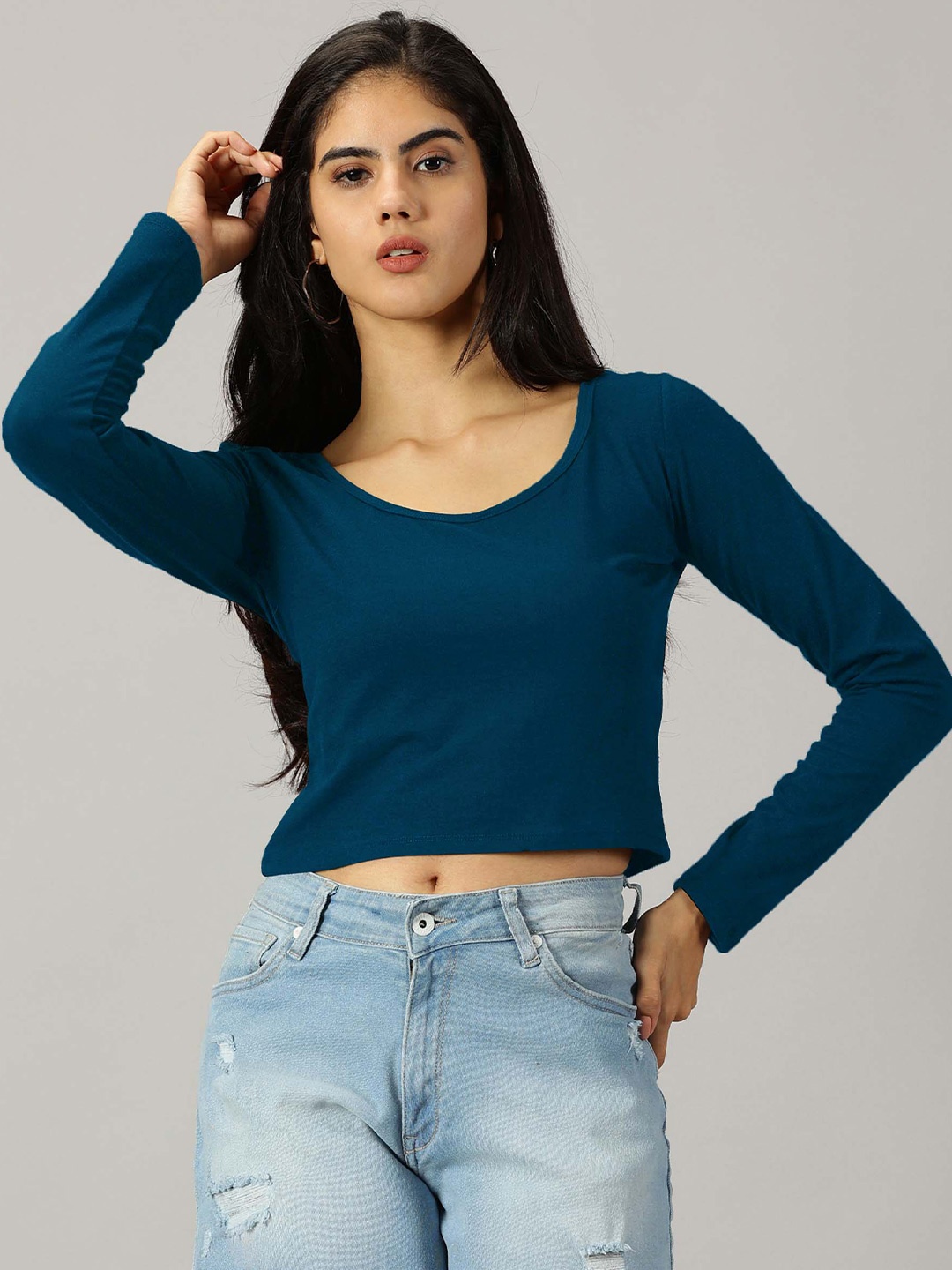 

AUSK Scoop Neck Cotton Fitted Crop Top, Navy blue