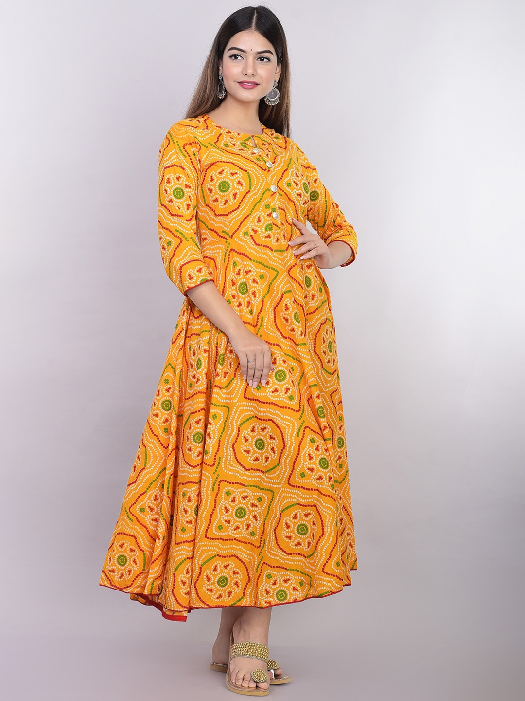

Rubellite Ethnic Motifs Printed Mandarin Collar Fit & Flare Midi Ethnic Dresses, Mustard