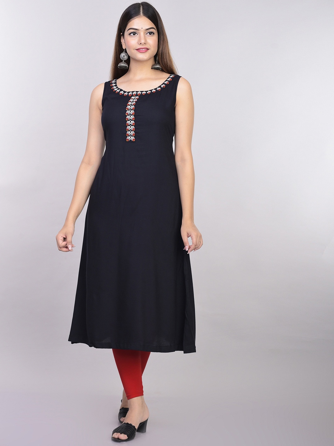 

Rubellite Yoke Design Thread Work A-Line Kurta, Black