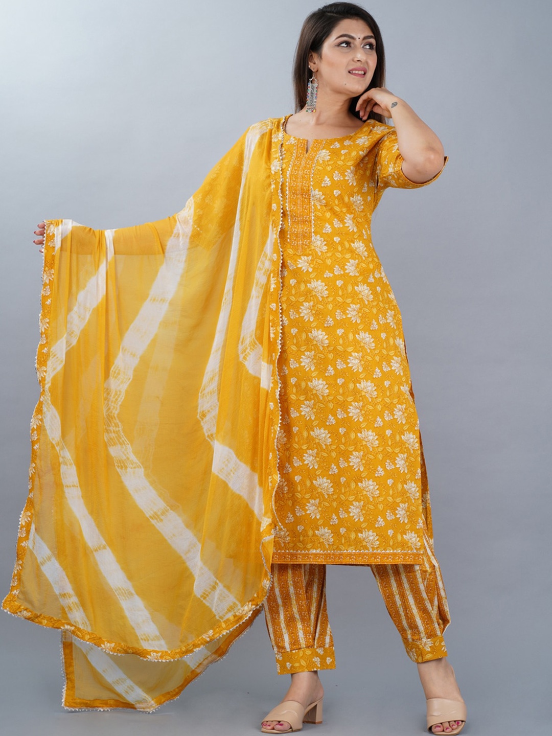 

D K W Floral Printed Gotta Patti Pure Cotton Kurta With Salwar & Dupatta, Yellow