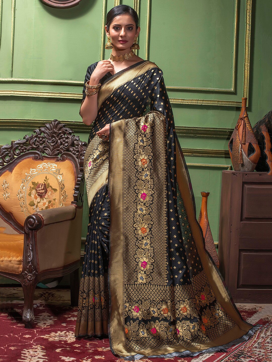 

Lilots Ethnic Motifs Woven Design Zari Kota Saree, Black