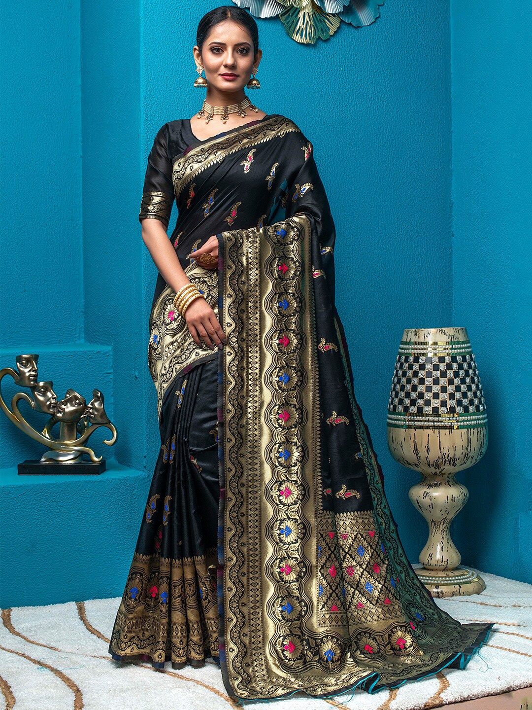 

Lilots Woven Design Ethnic Motifs Zari Kota Saree, Black
