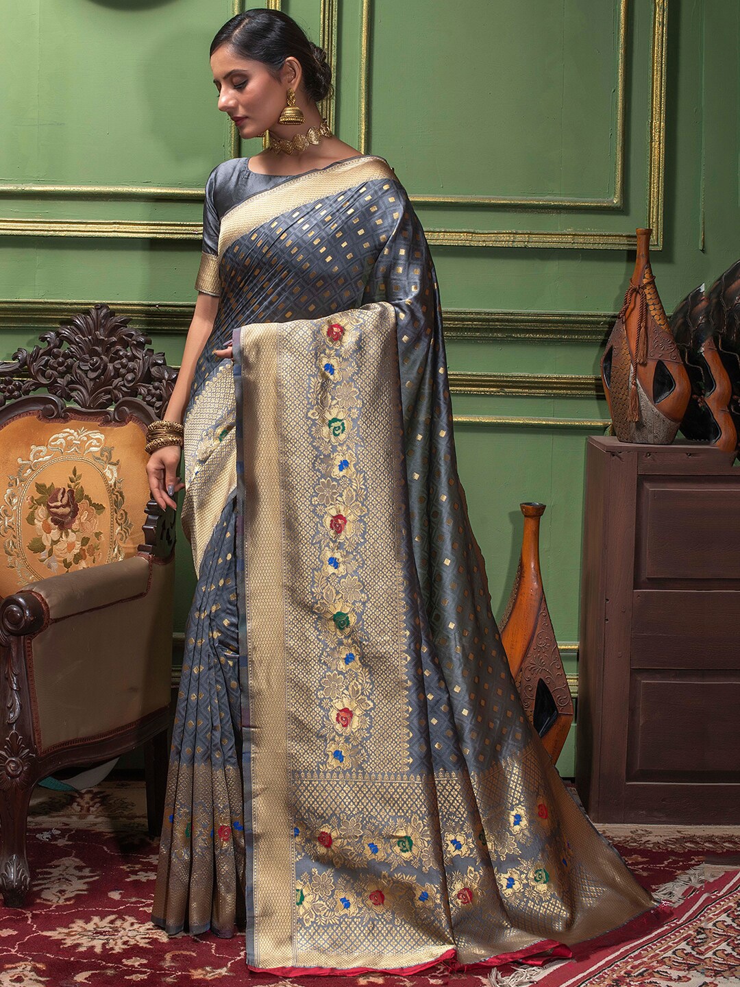 

Lilots Ethnic Motifs Woven Design Zari Kota Saree, Grey