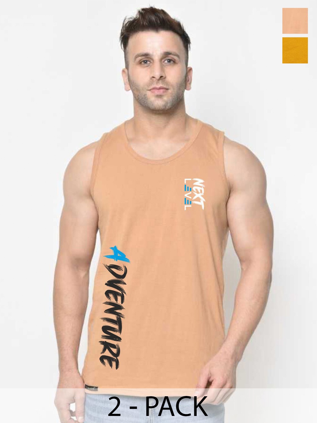 

SLOWLORIS Pack Of 2 Typography Printed Sleeveless Round Neck Basic Vest, Mustard