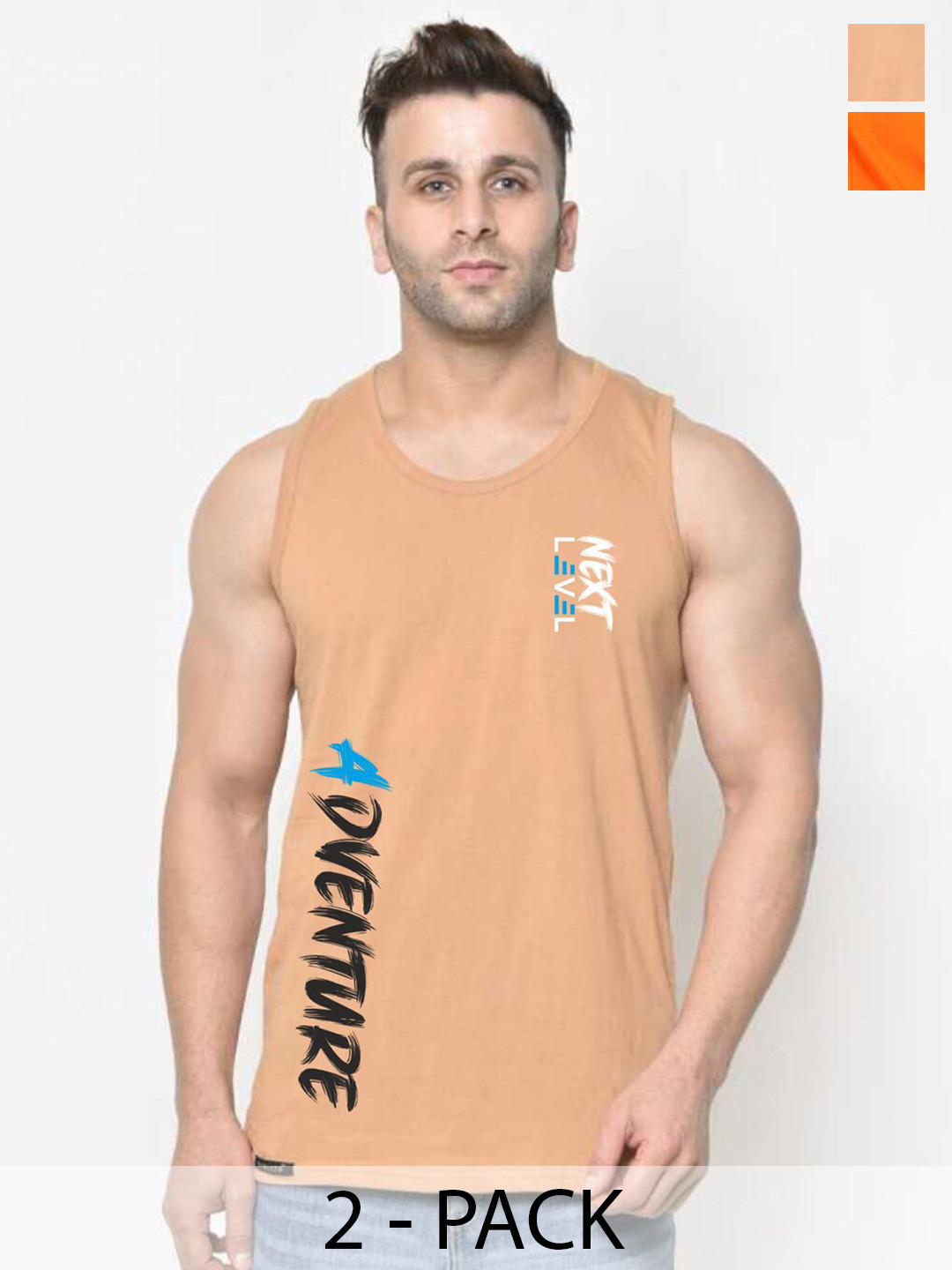 

SLOWLORIS Pack Of 2 Round Neck Sleeveless Cotton Innerwear Vests, Orange