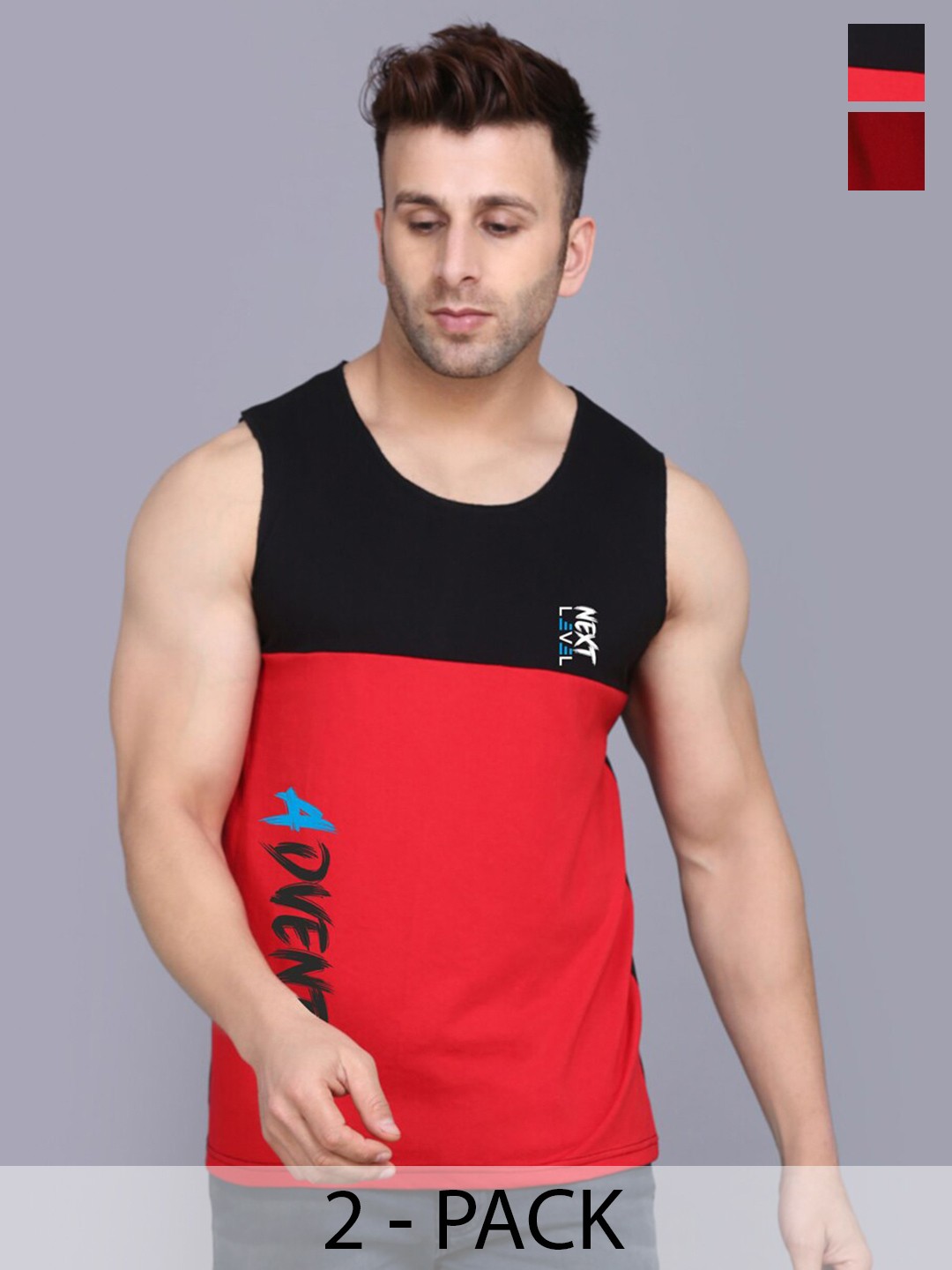 

SLOWLORIS Pack Of 2 Typography Printed Sleeveless Bio-Wash Gym Vest, Maroon