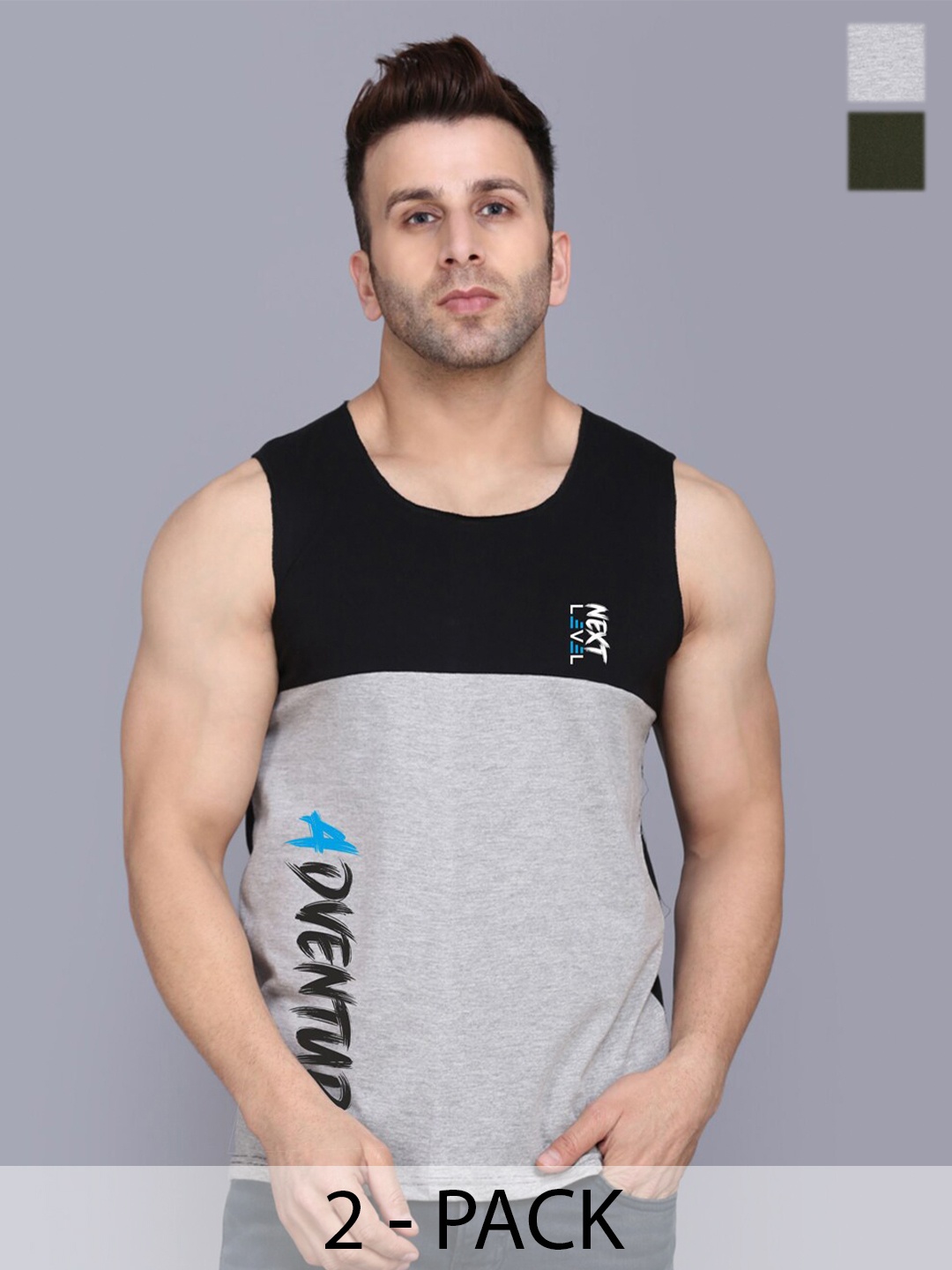 

SLOWLORIS Pack Of 2 Typography Printed Cotton Innerwear Vests, Grey