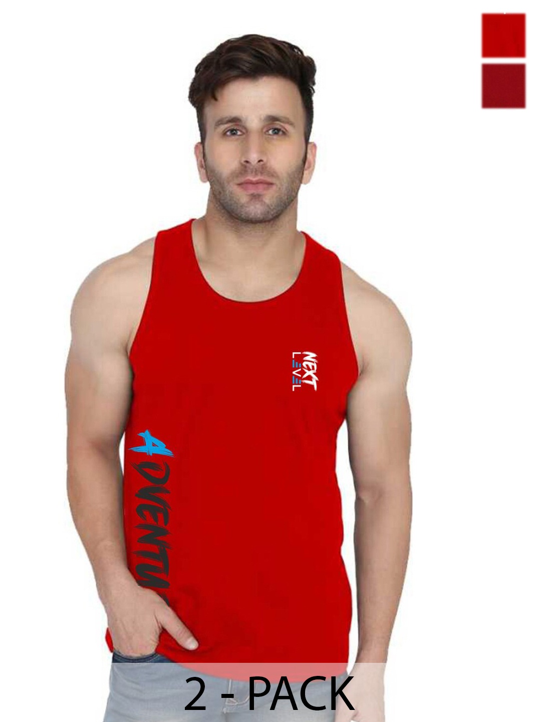

SLOWLORIS Pack Of 2 Typography Printed Sleeveless Round Neck Basic Vest, Maroon