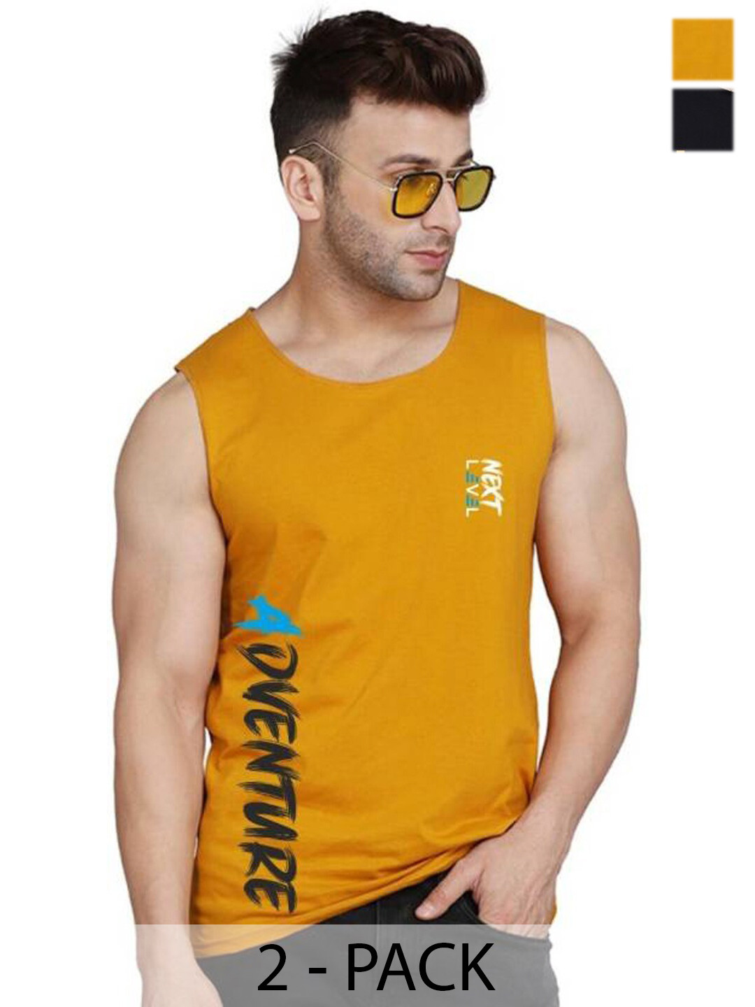 

SLOWLORIS Pack Of 2 Typography Printed Sleeveless Bio-Wash Gym Vest, Black
