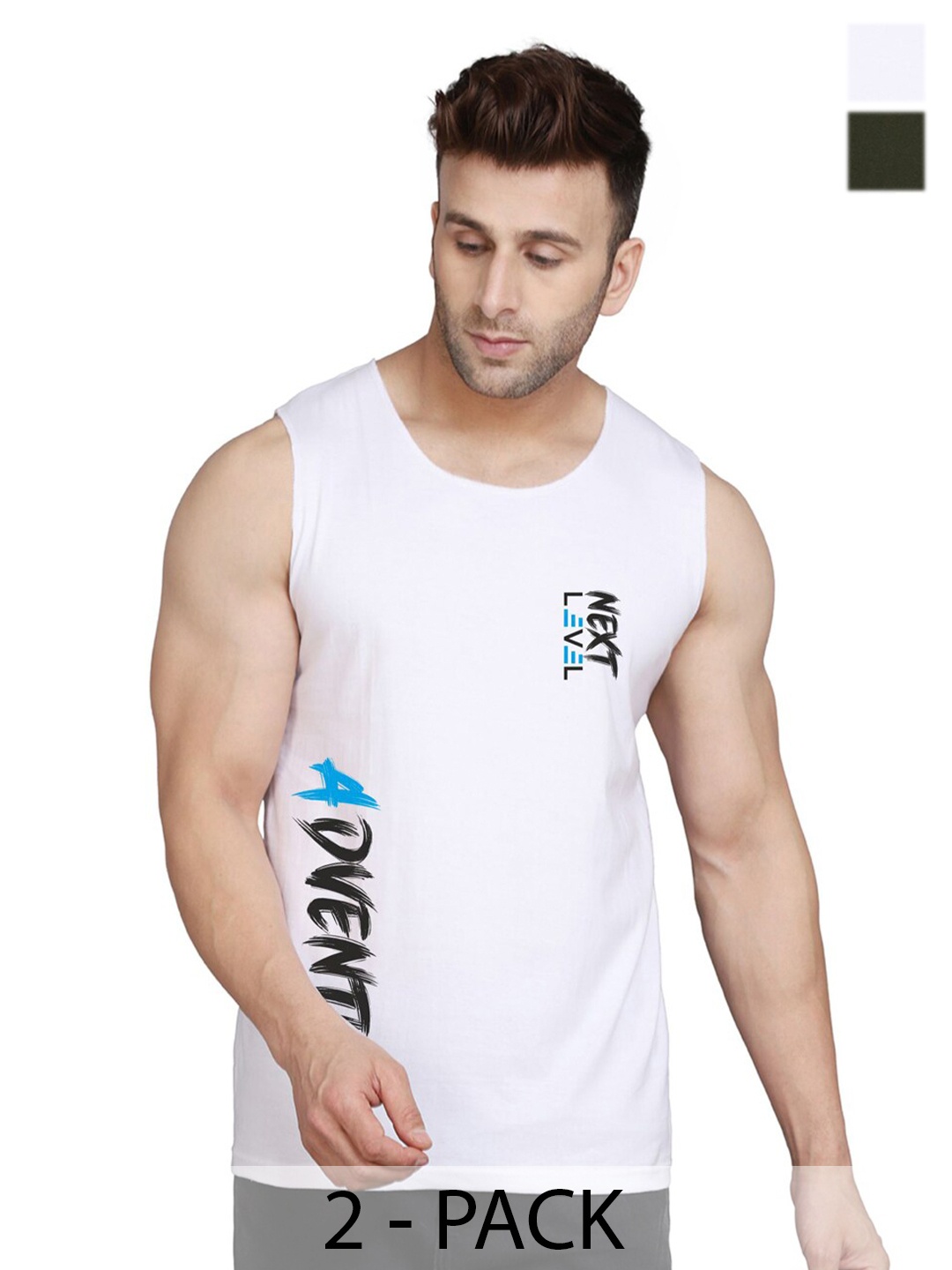 

SLOWLORIS Pack Of 2 Typography Printed Sleeveless Round Neck Basic Vest, Olive