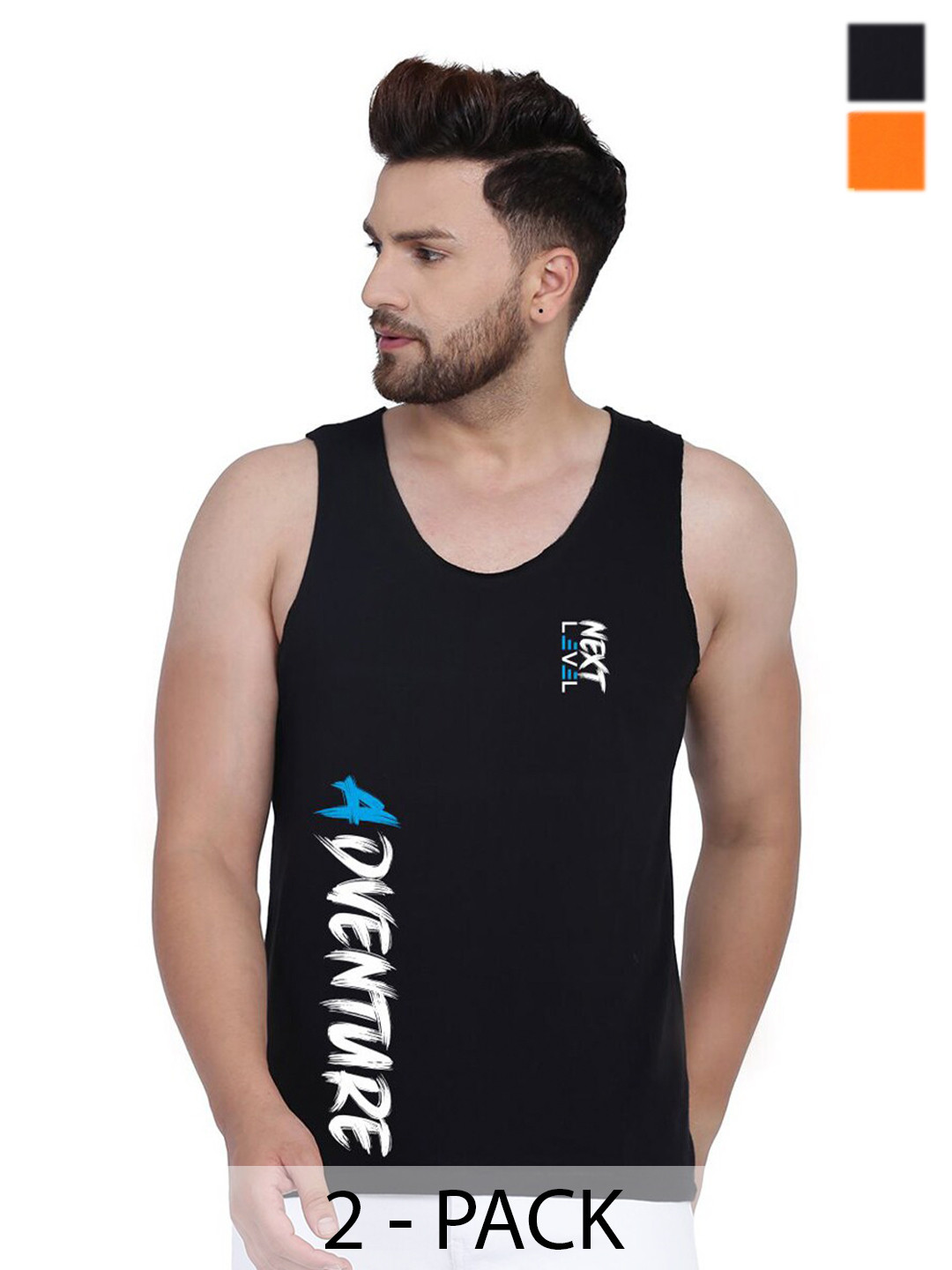 

SLOWLORIS Pack Of 2 Typography Round Neck Sleeveless Cotton Innerwear Vests, Orange