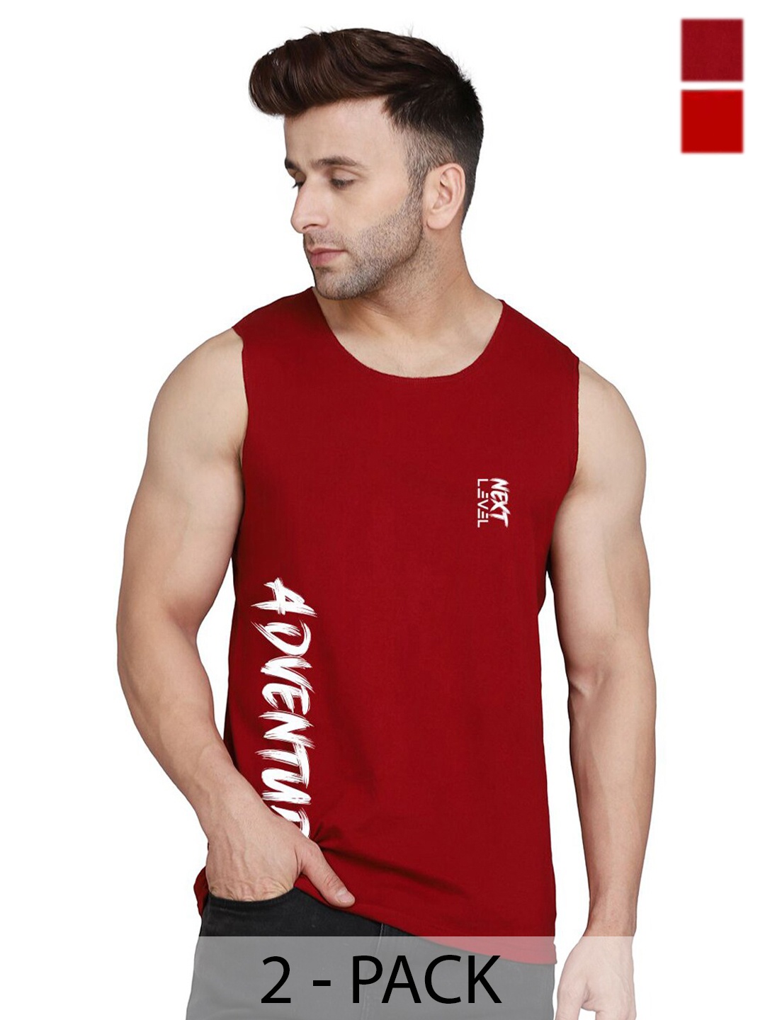 

SLOWLORIS Pack Of 2 Typography Printed Sleeveless Bio-Wash Gym Vest, Red