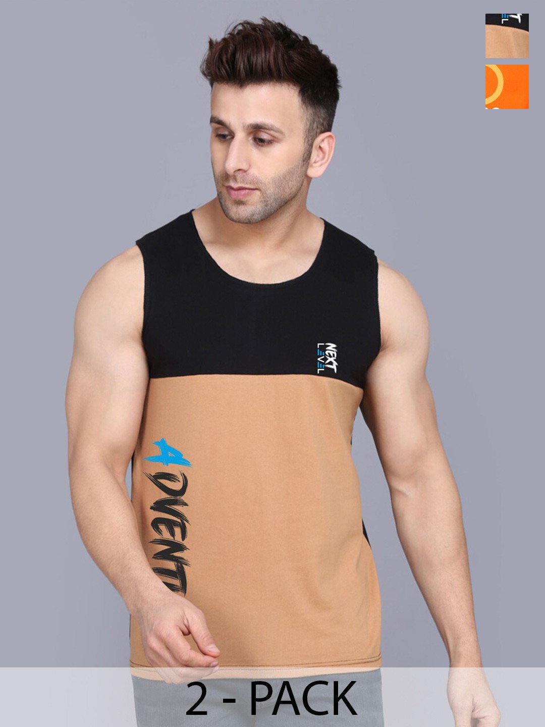 

SLOWLORIS Pack Of 2 Typography Printed Cotton Innerwear Vests, Orange