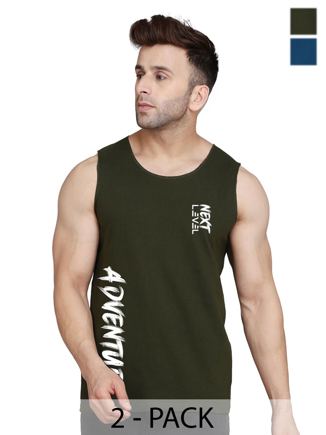 

SLOWLORIS Pack Of 2 Typography Printed Cotton Innerwear Vests, Teal