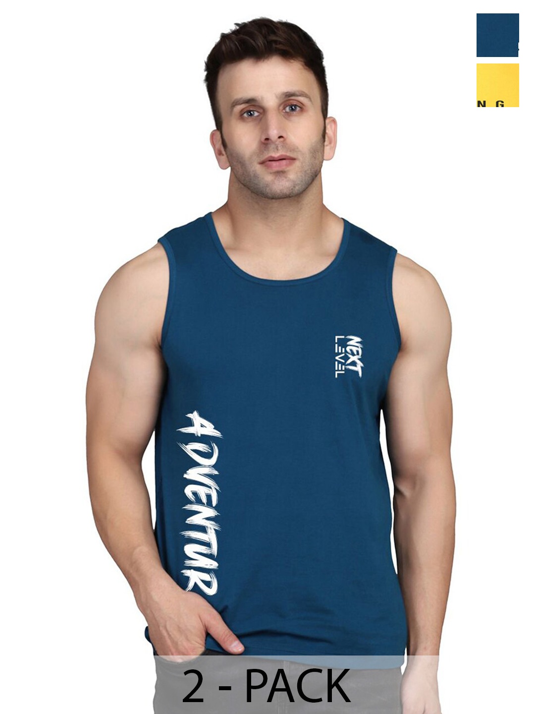 

SLOWLORIS Pack Of 2 Typography Printed Sleeveless Bio-Wash Gym Vest, Yellow