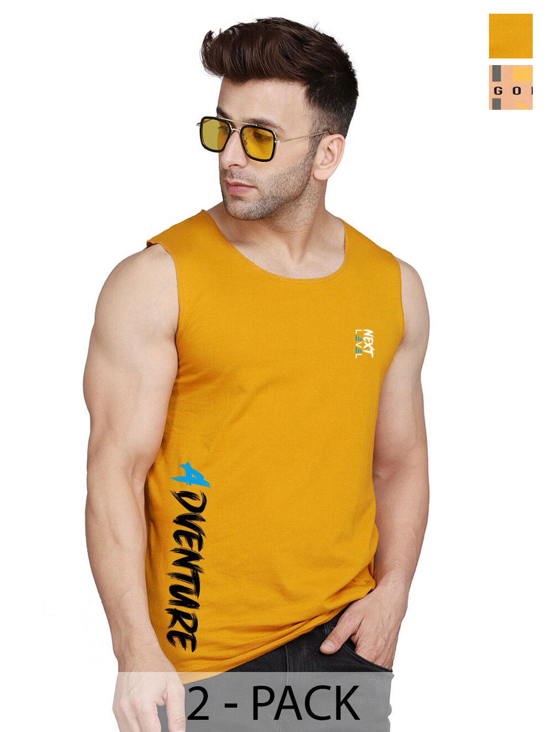 

SLOWLORIS Pack Of 2 Typography Round Neck Sleeveless Cotton Gym Vest, Rust