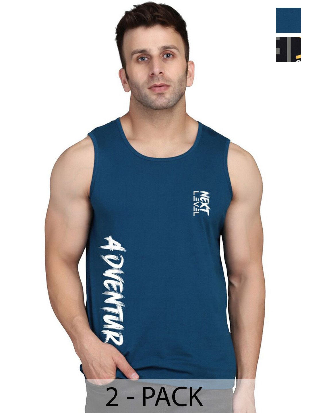 

SLOWLORIS Pack Of 2 Typography Round Neck Sleeveless Cotton Gym Vest, Black