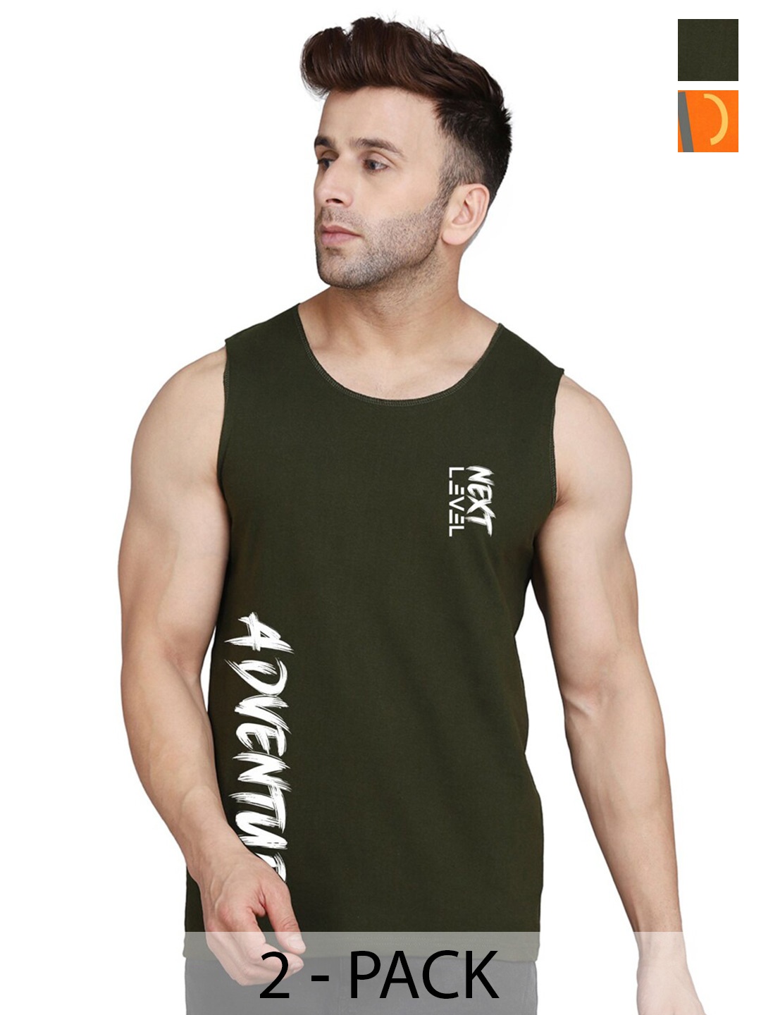 SLOWLORIS Pack Of 2 Typography Cotton Innerwear Vests, Orange