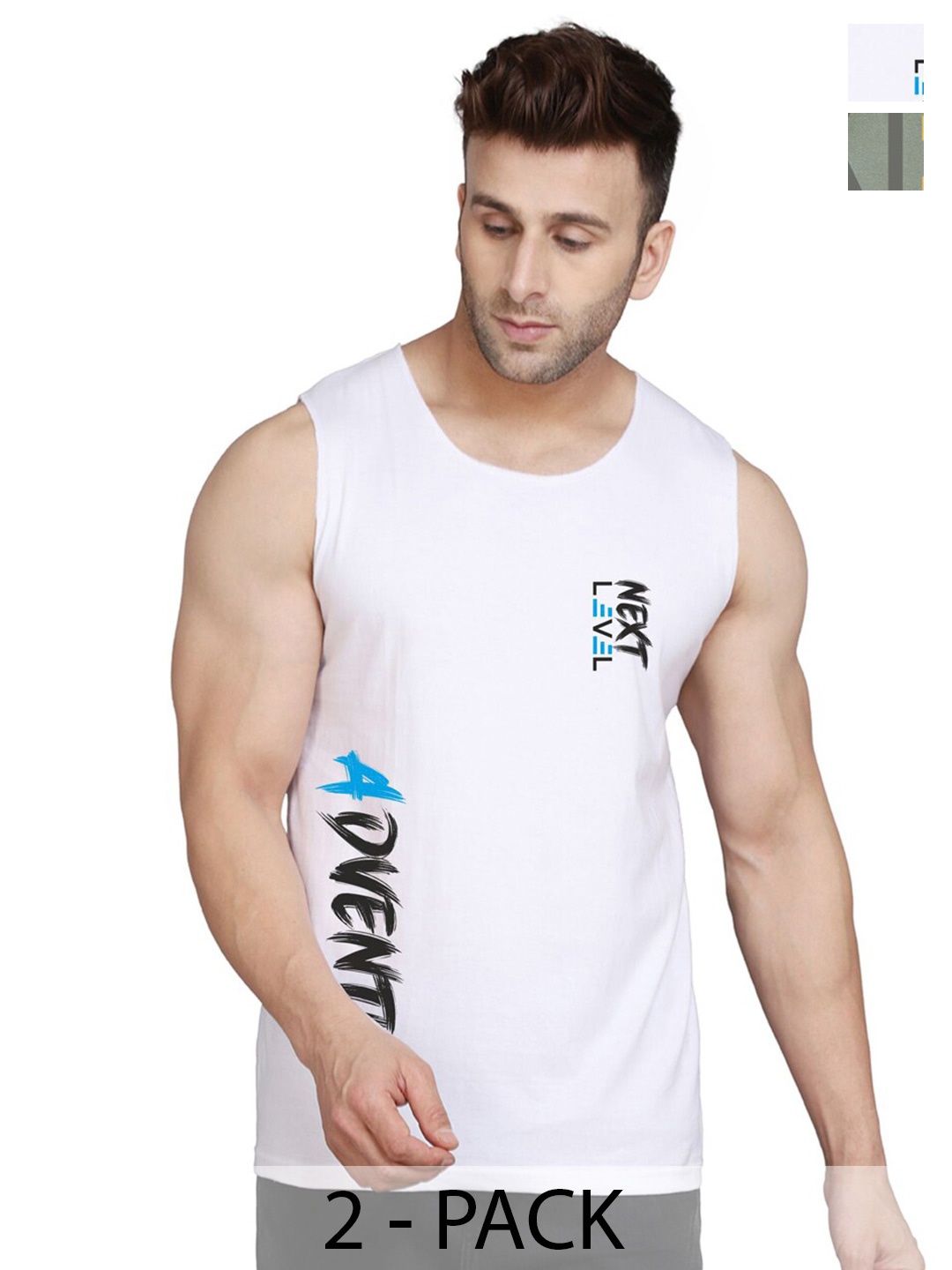 

SLOWLORIS Pack Of 2 Typography Round Neck Sleeveless Cotton Gym Vest, Green