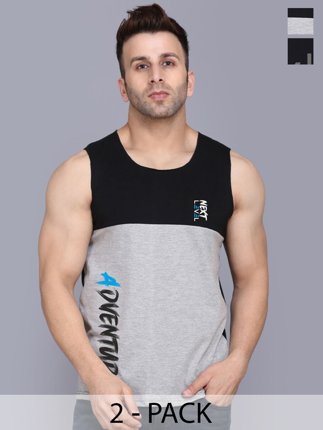 

SLOWLORIS Pack Of 2 Colourblocked Round Neck Sleeveless Cotton Gym Vest, Black