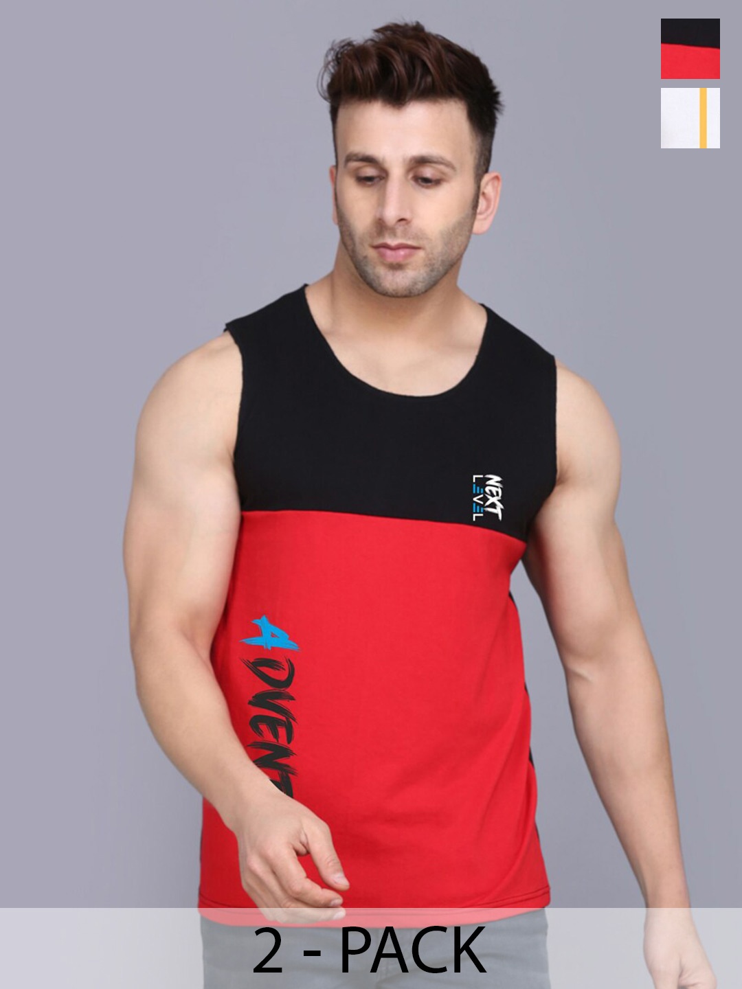 

SLOWLORIS Pack Of 2 Typography Printed Sleeveless Bio-Wash Gym Vest, White