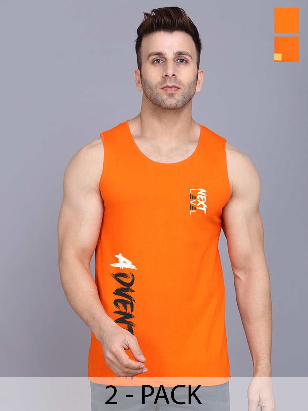 

SLOWLORIS Pack Of 2 Typography Printed Sleeveless Round Neck Basic Vest, Orange
