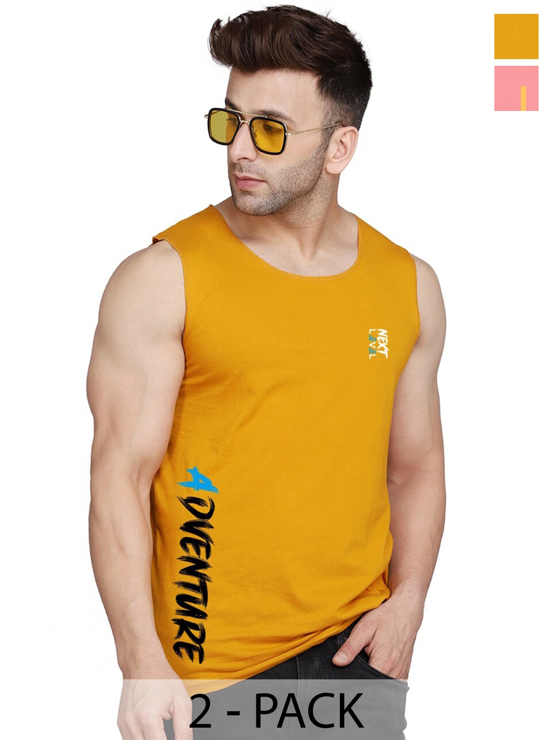 

SLOWLORIS Pack of 2 Typography Printed Round-Neck Innerwear Vests, Peach