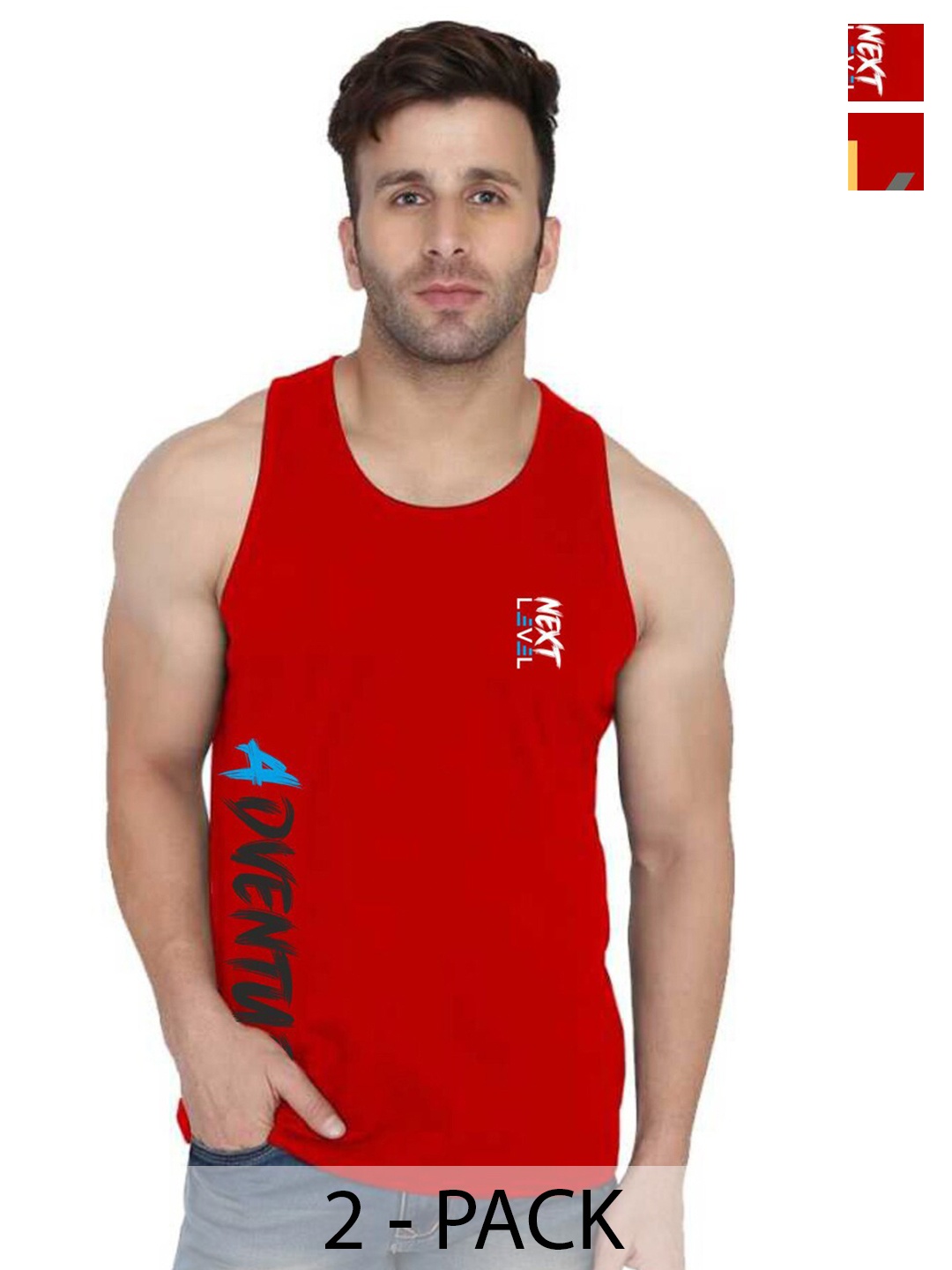 

SLOWLORIS Pack Of 2 Typography Printed Sleeveless Round Neck Basic Vest, Red